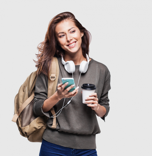 smiling-female-student-holding-coffee-iPhone